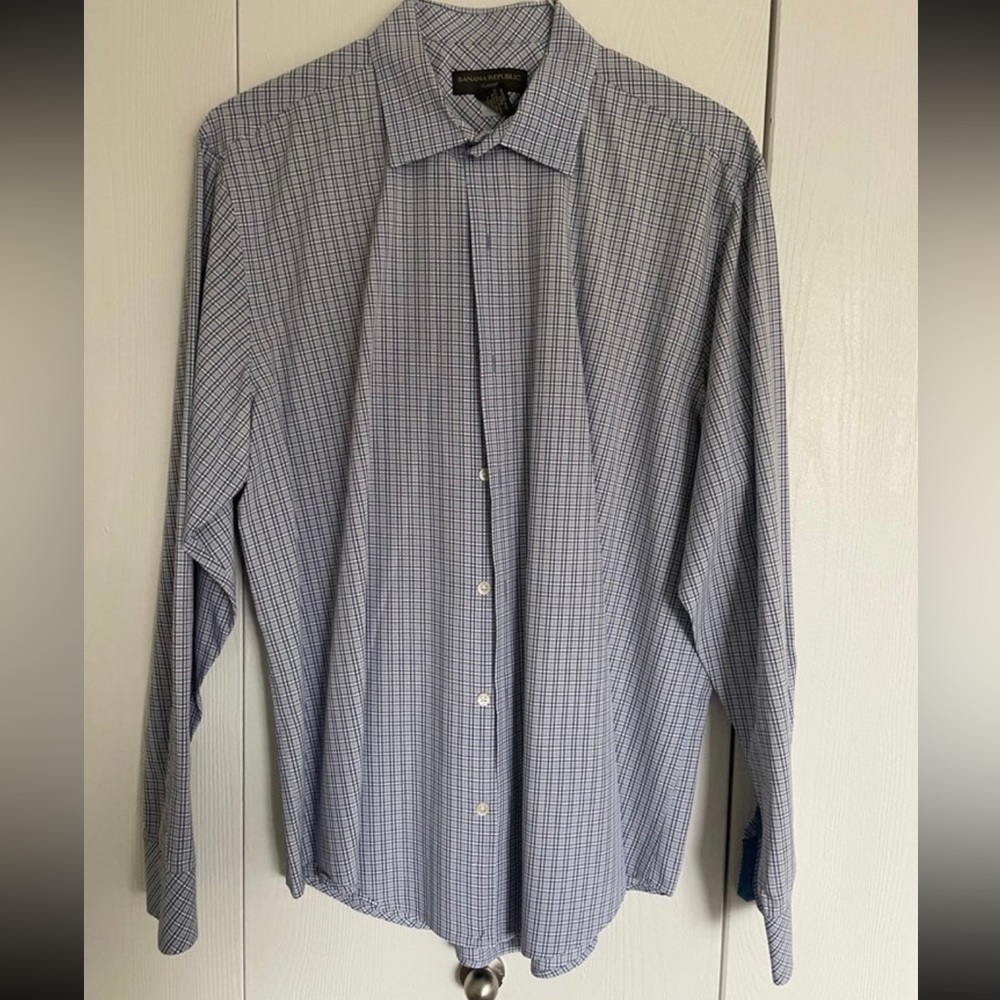 Blue plaid men’s button down dress shirt